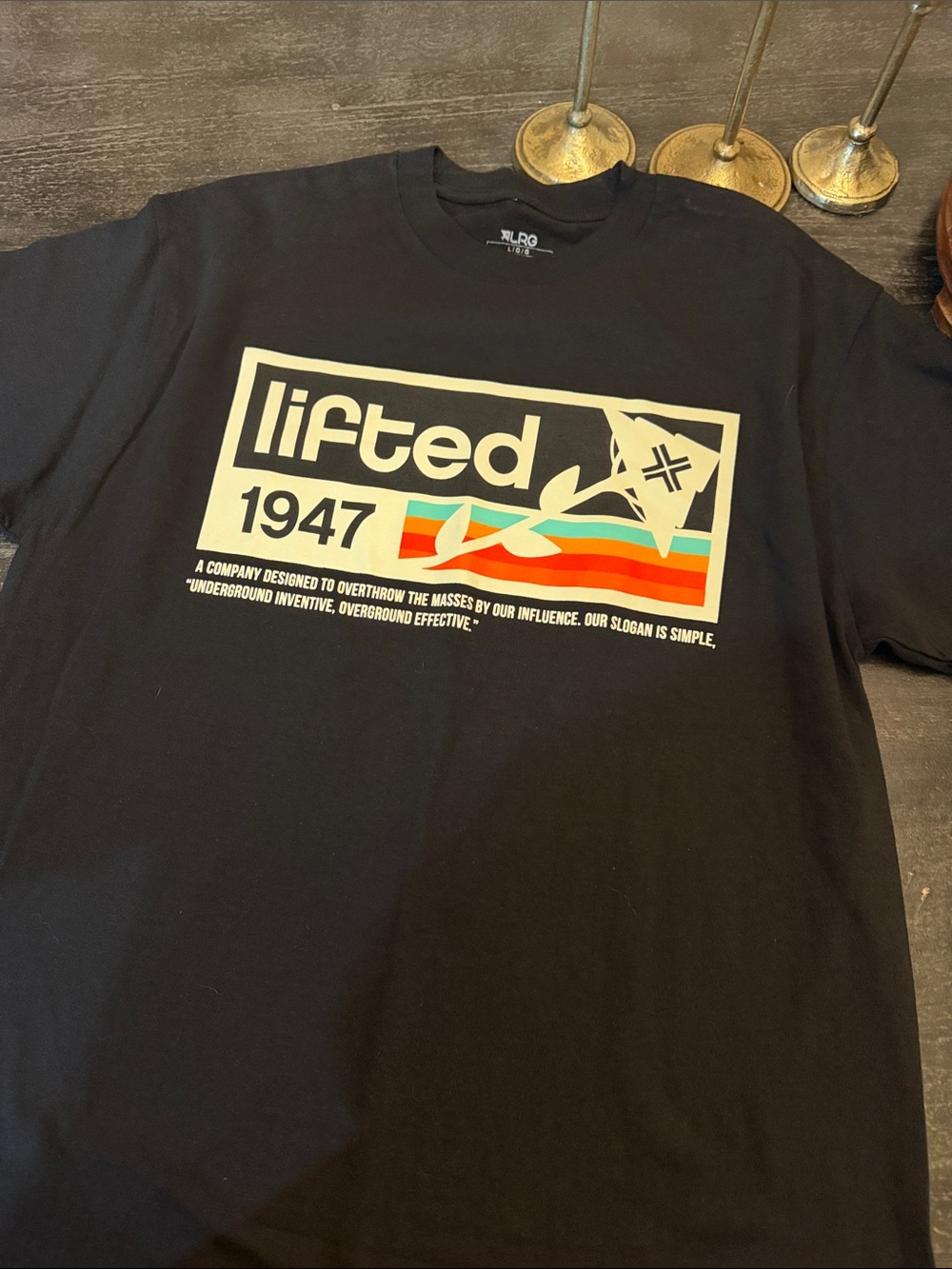 Lrg Black Tee with Retro Lifted Graphic and Color Stripes